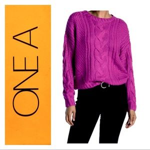 NWT ONE A Fuschia Classic Cable Knit Sweater C2